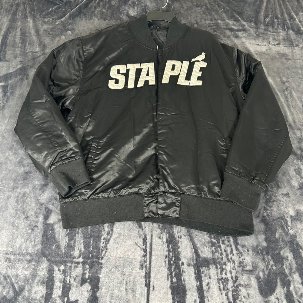 Staple Bomber Jacket Mens XXL Black Pigeon Chenille Logo Streetwear Satin